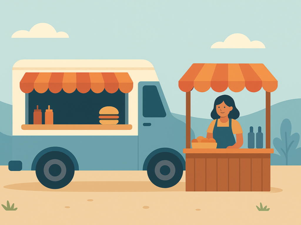graphic of a food truck and a merchandise vendor on the beach