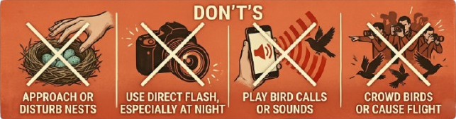 Avoid disturbing nests, flushing birds, using playback, or entering protected habitat.