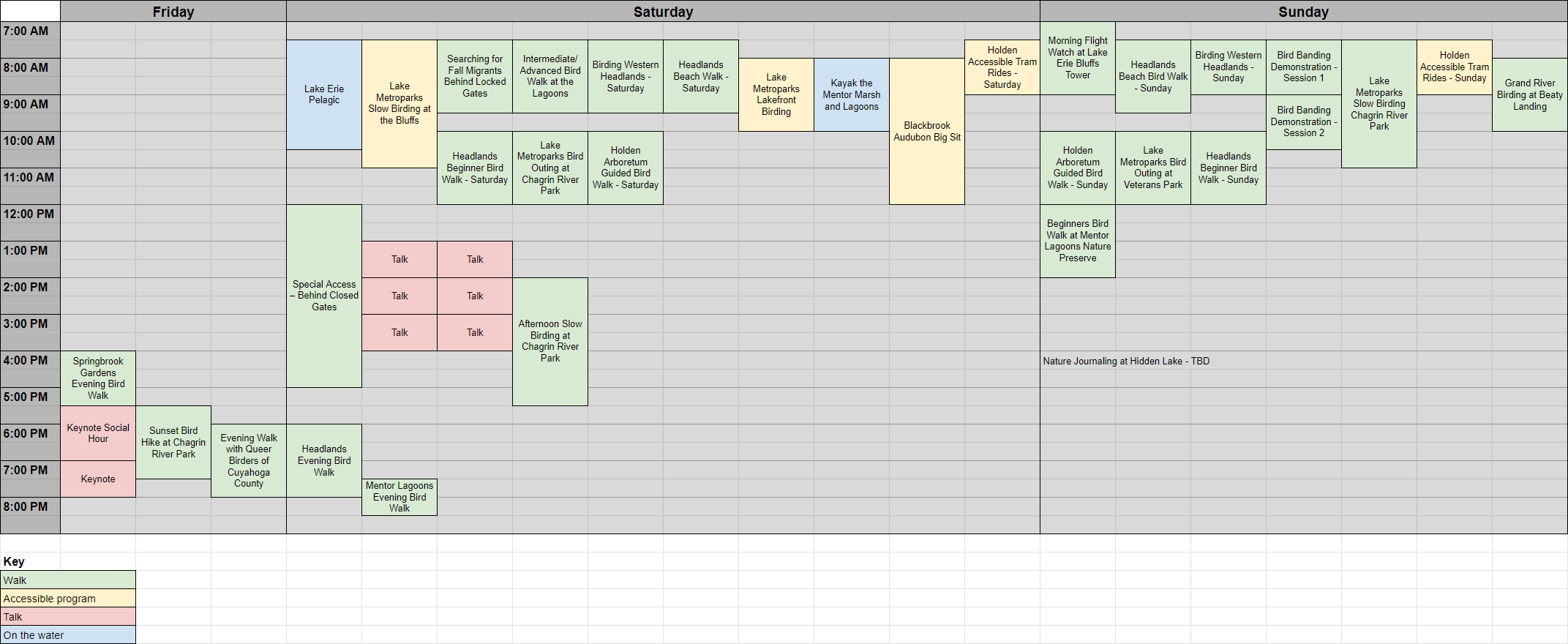 2026 Headlands Birding Festival full schedule layout by day and time